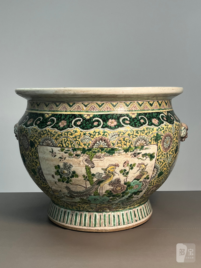 清光绪  素三彩花卉开光花鸟纹铺首缸 - 图4